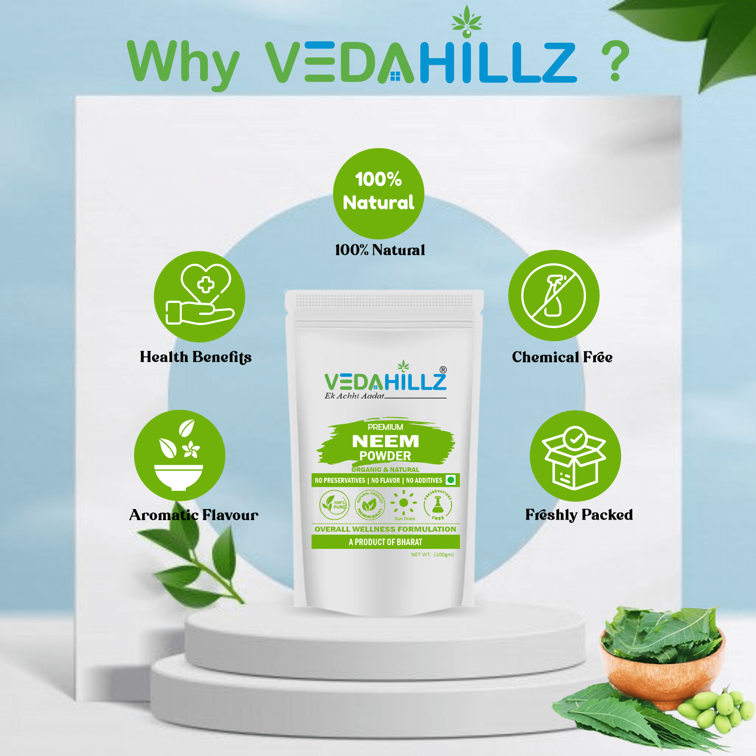 Vedahillz Neem Powder Made from Carefully Selected Neem Leaves
